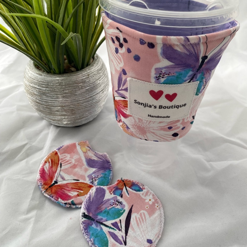 Floral Butterfly Cup Sleeve and Coasters Set